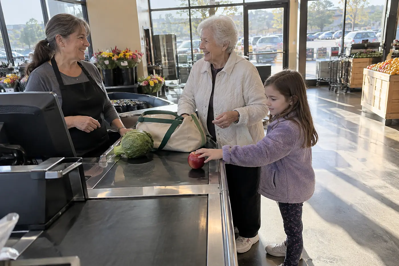 Grandmother thanking a cashier while her grandchild waits beside her at a grocery store.