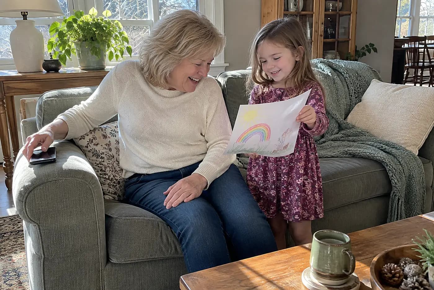 Grandmother placing her phone face down while a child shows her a drawing on the sofa.