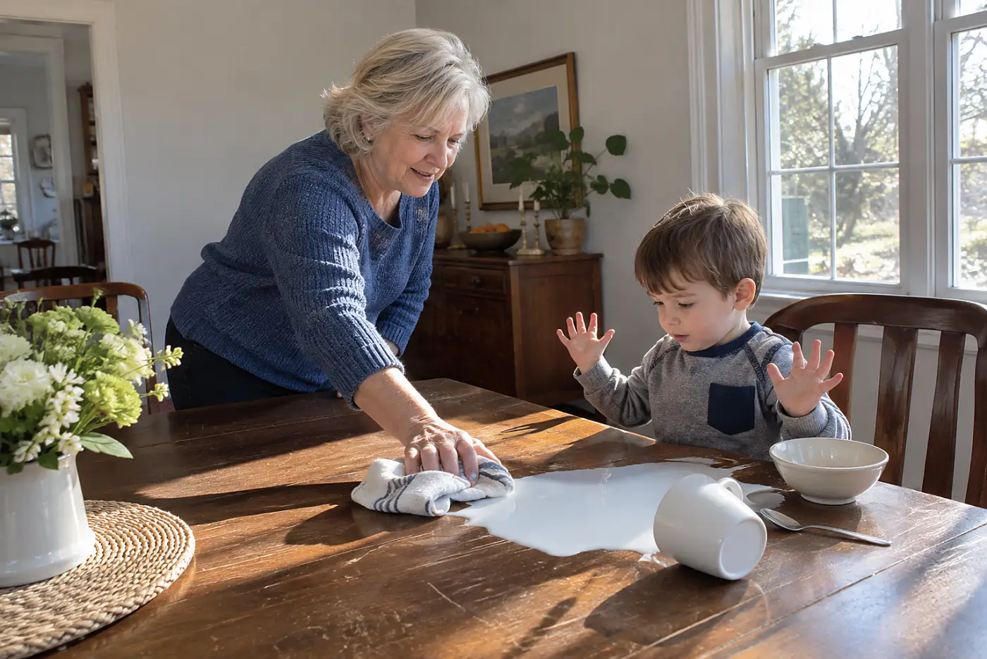 Grandmother speaking to a child beside spilled milk at the dining room table.