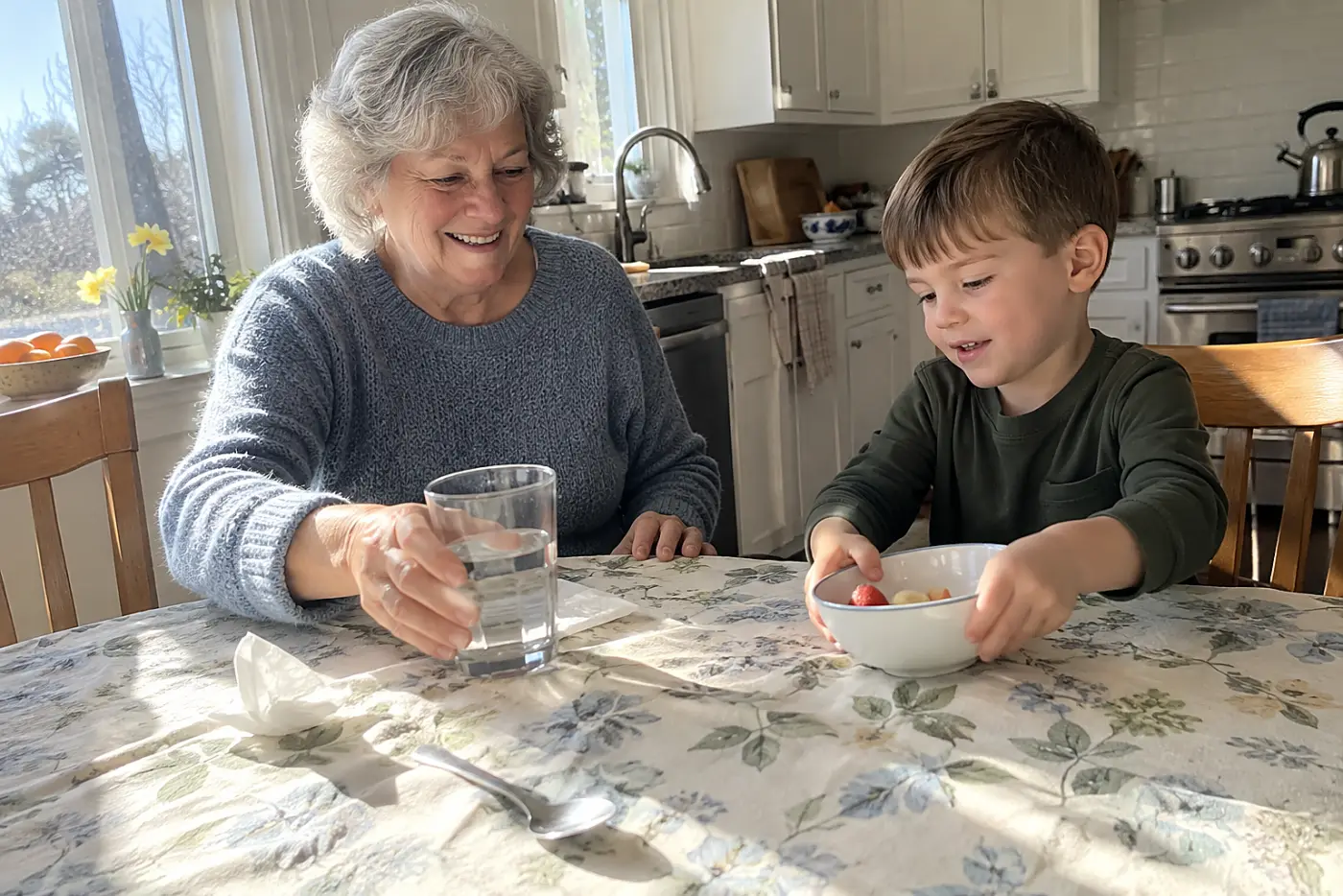 Grandmother setting a glass of water beside a child at the kitchen table.