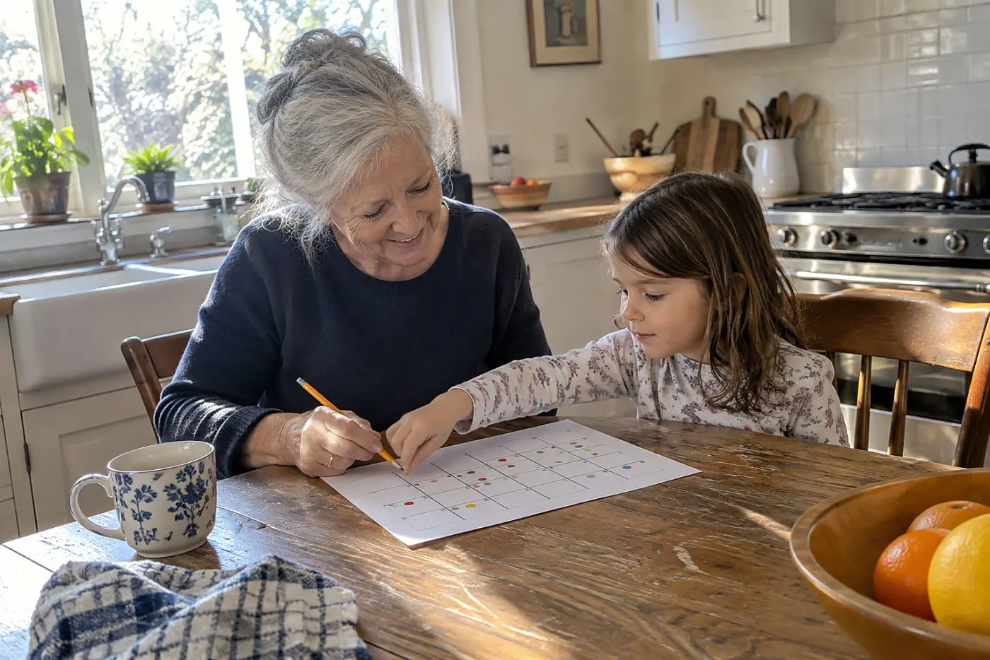 Grandmother entering a child’s game on her calendar at the kitchen table.