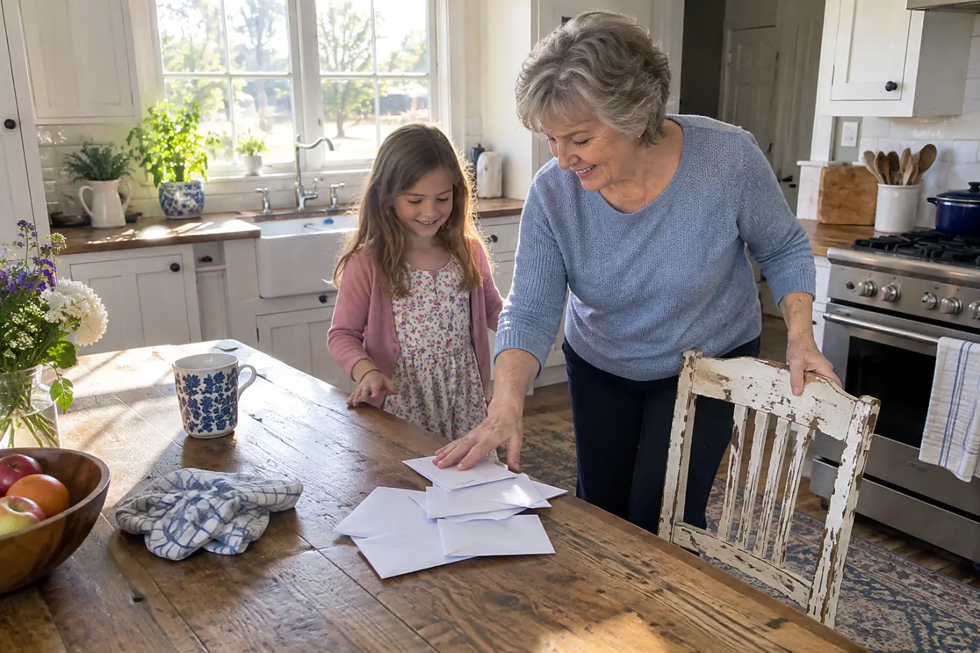 Grandmother pulling a chair beside hers while sorting mail at the kitchen table.