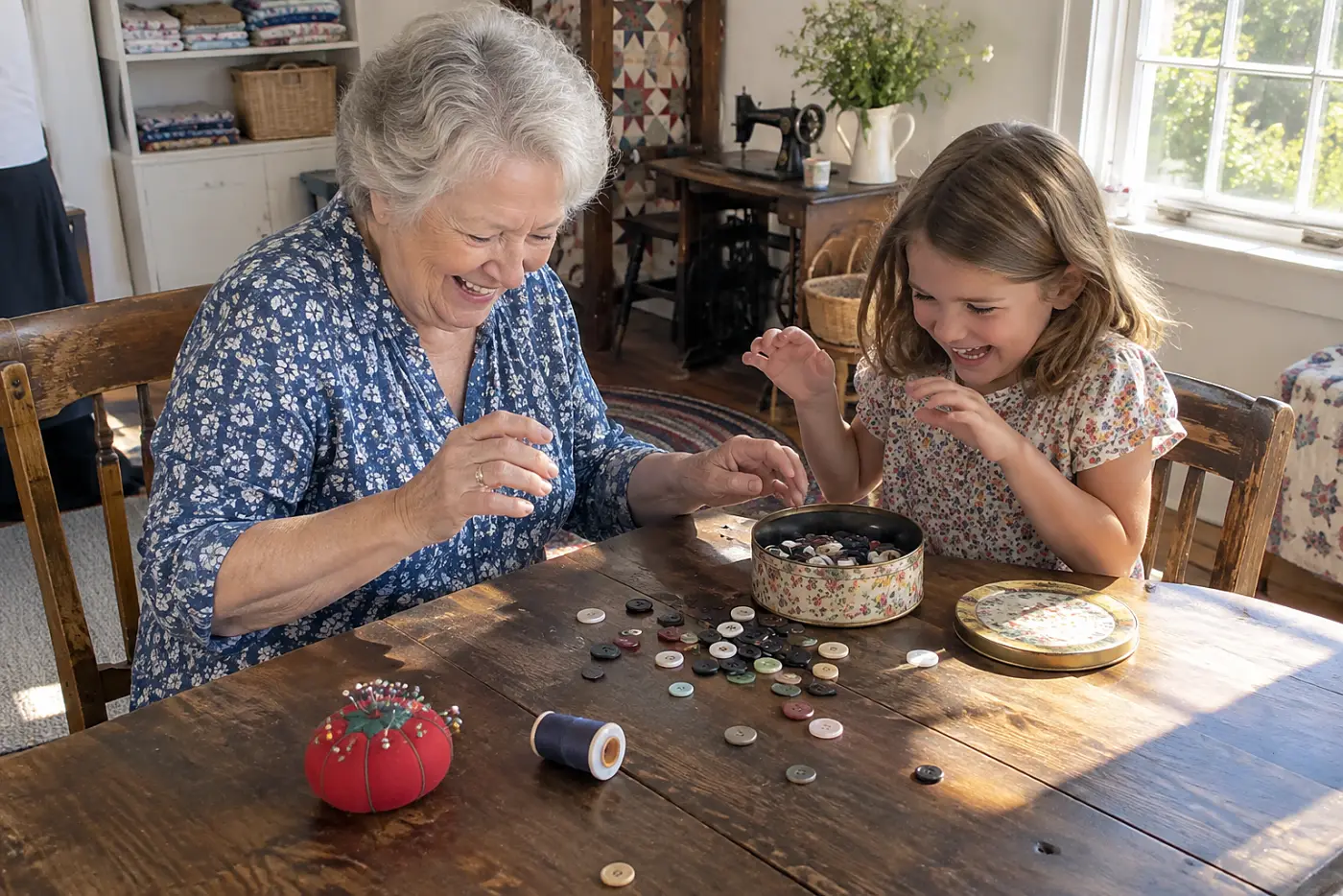 Grandmother and child choosing buttons from a tin in a sewing room.