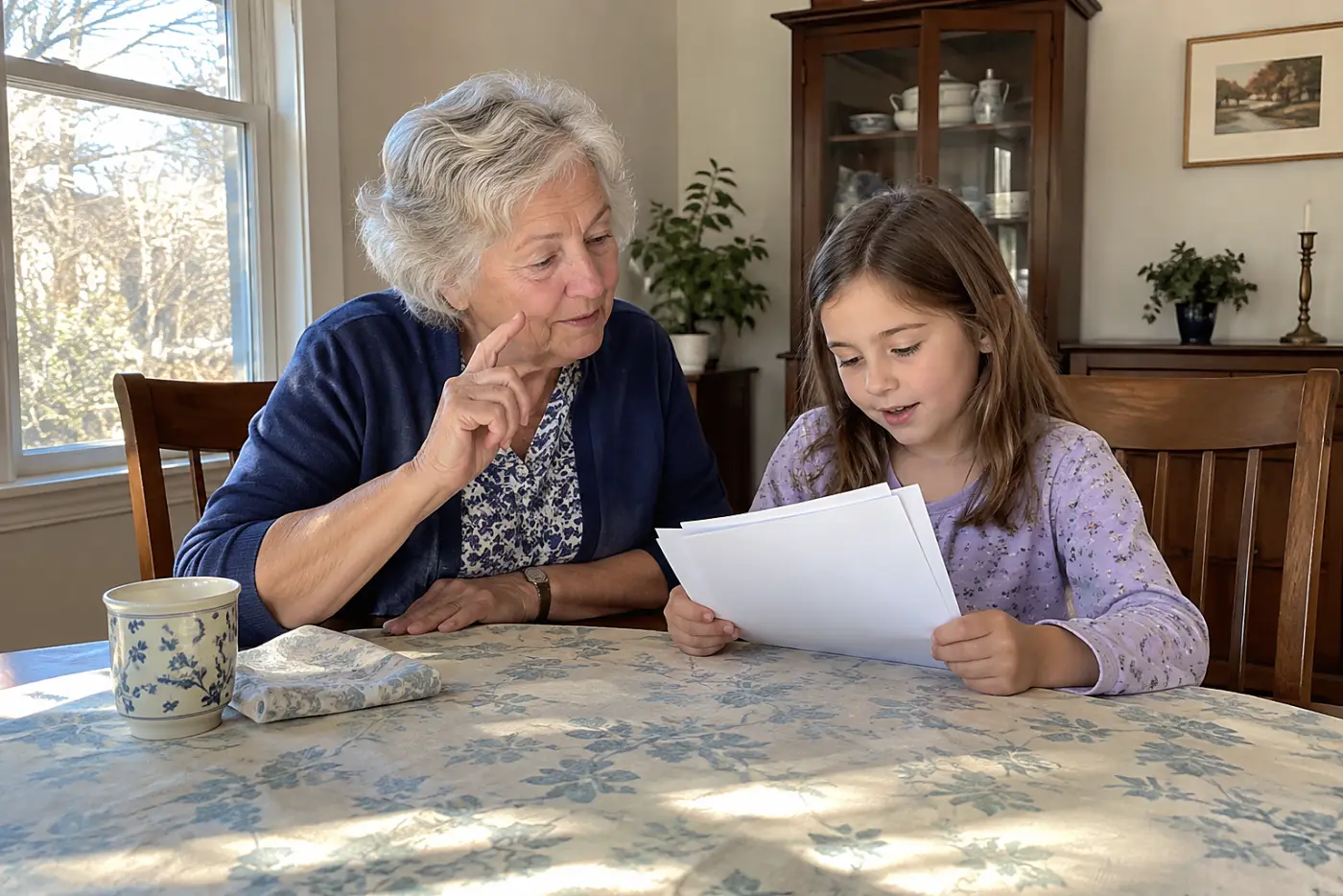 Grandmother listening to a child read at a dining room table.