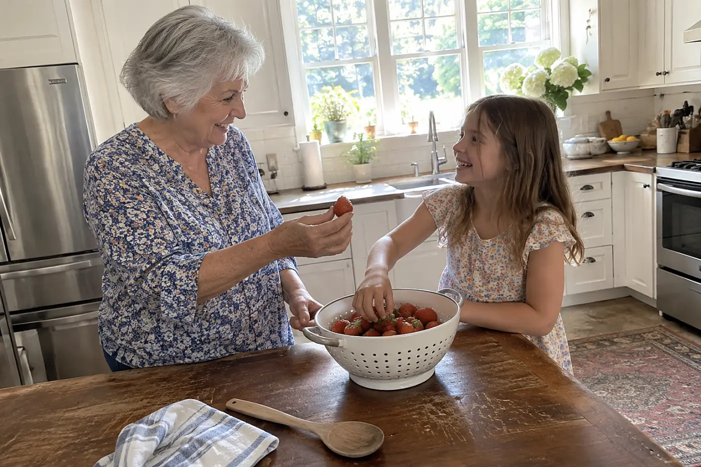 Grandmother offering a strawberry to a child beside a colander at the kitchen counter.