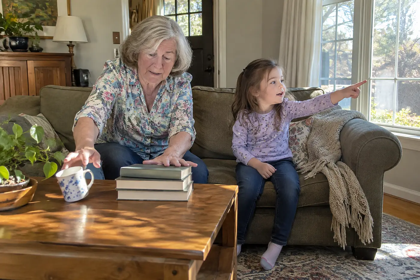 Grandmother telling a story to a child beside a stack of library books at home.