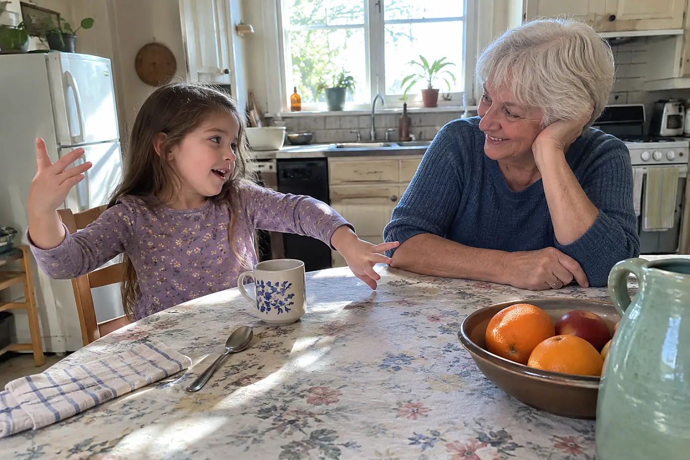 Grandmother asking a child about a play while they sit at the kitchen table.