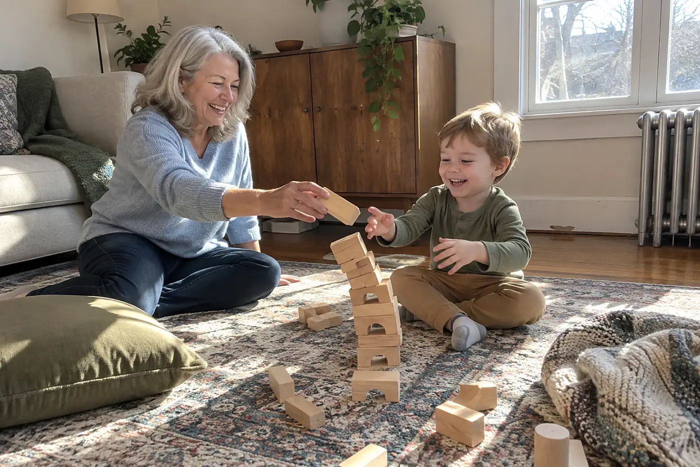 Grandmother passing a block to a child on the living room floor.