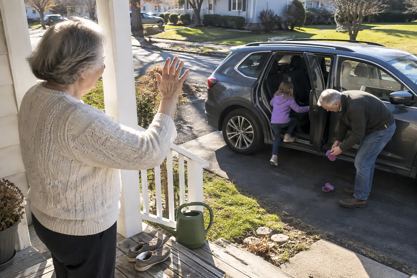 Grandmother waving from her porch as a child leaves in a car.