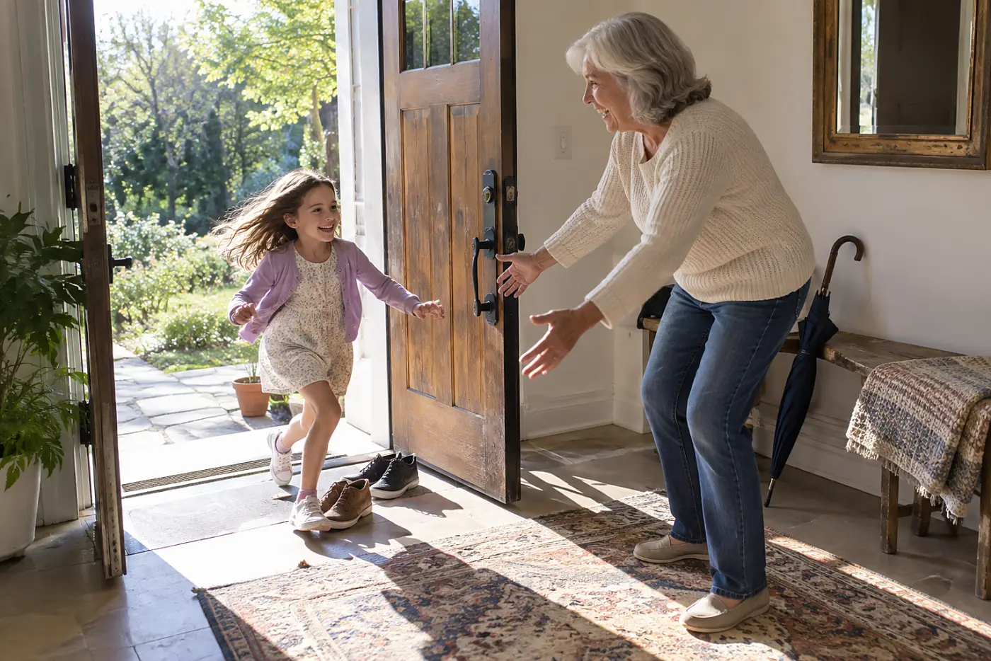 Grandmother greeting a child beside the open front door of her house.