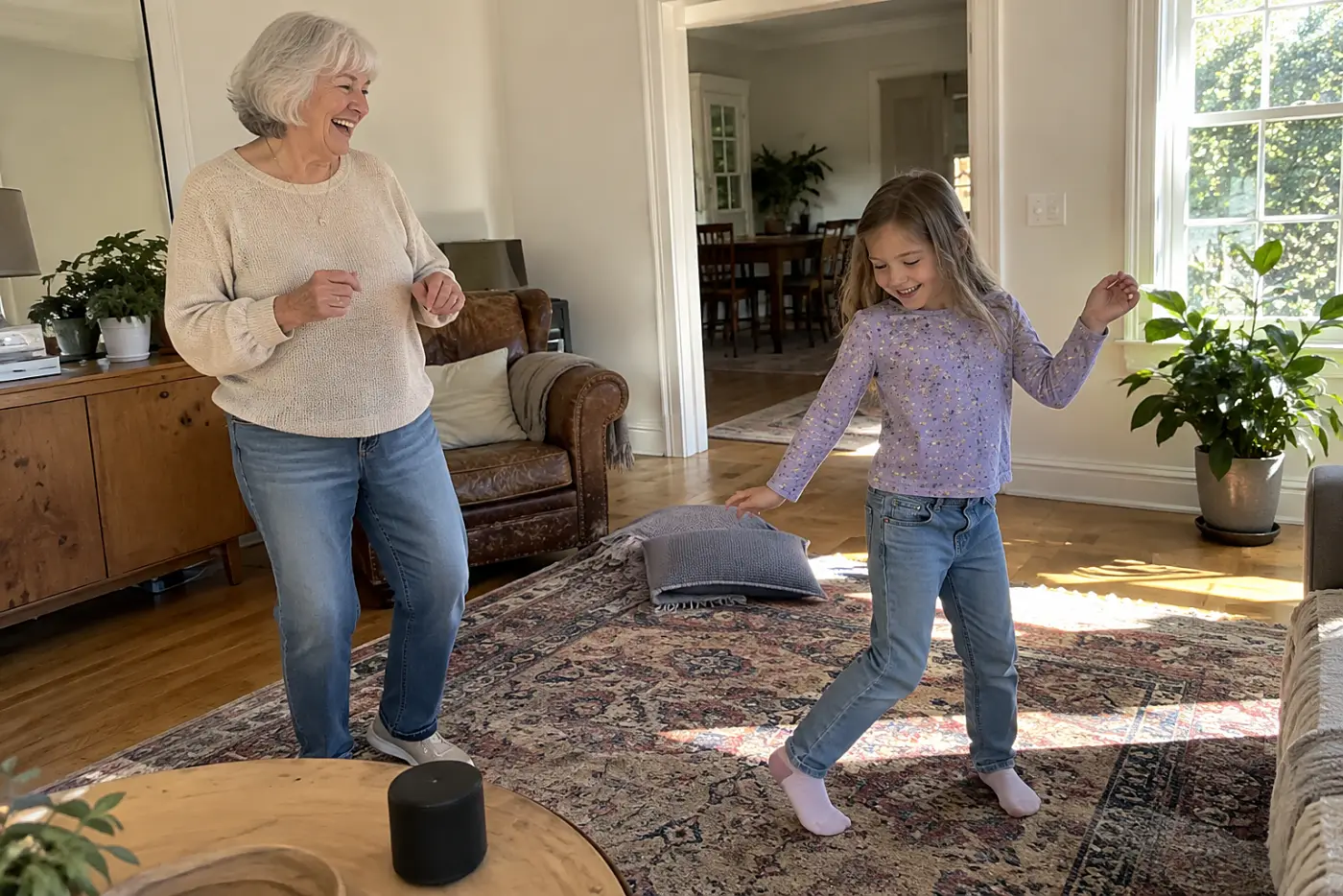 Grandmother and child listening to a song from a speaker in the living room.