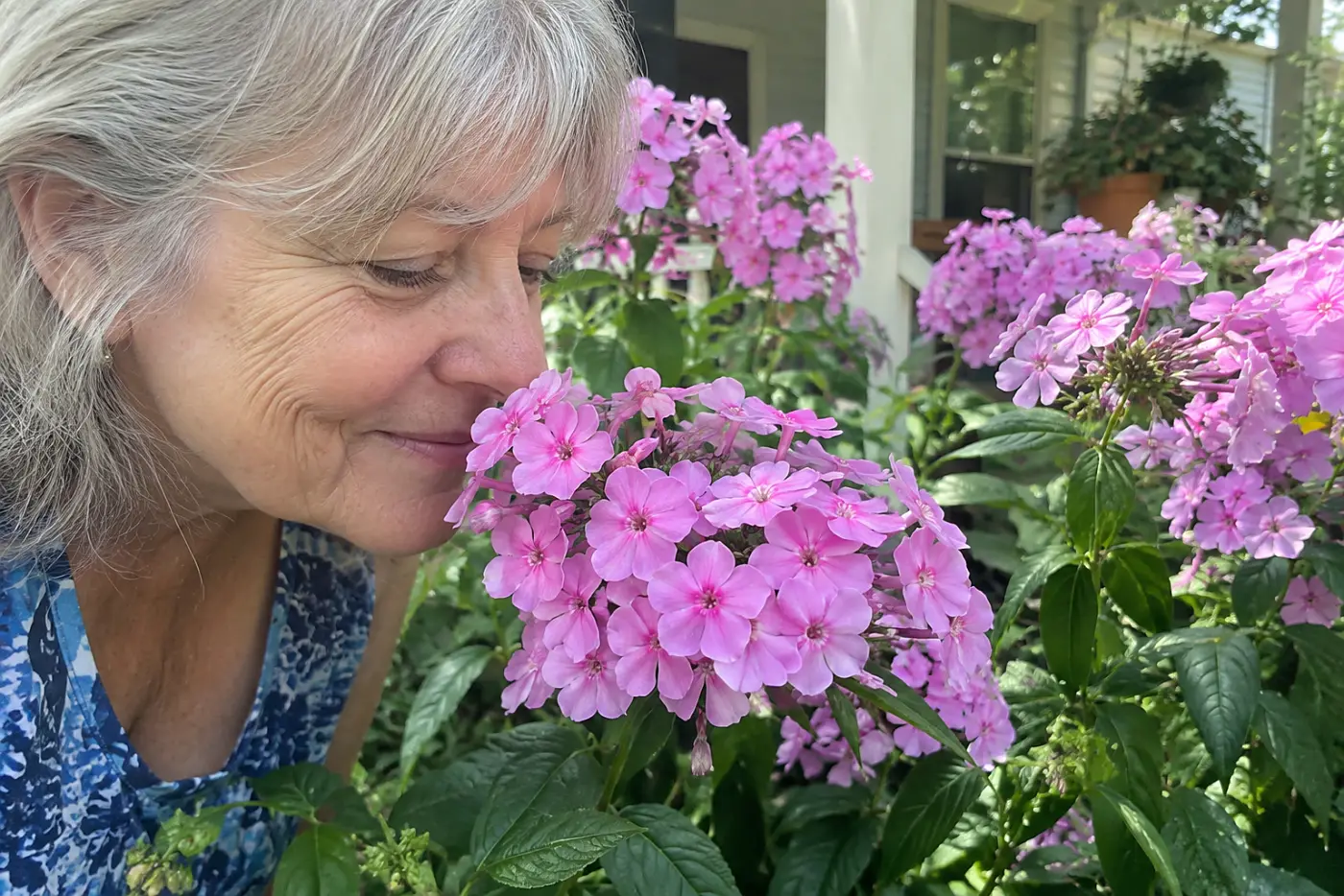 Tall garden phlox fills the middle of the frame beside a summer porch, with a woman in her sixties leaning in to smell it.