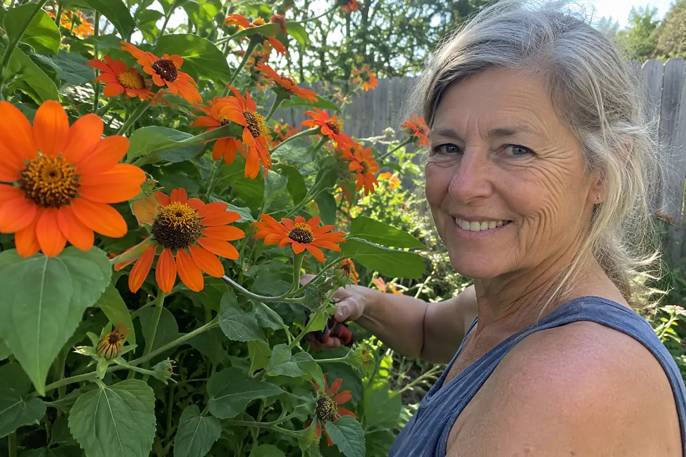 Orange Mexican sunflower daisies fill the middle of the frame against a back fence, with a woman in her sixties cutting a stem.
