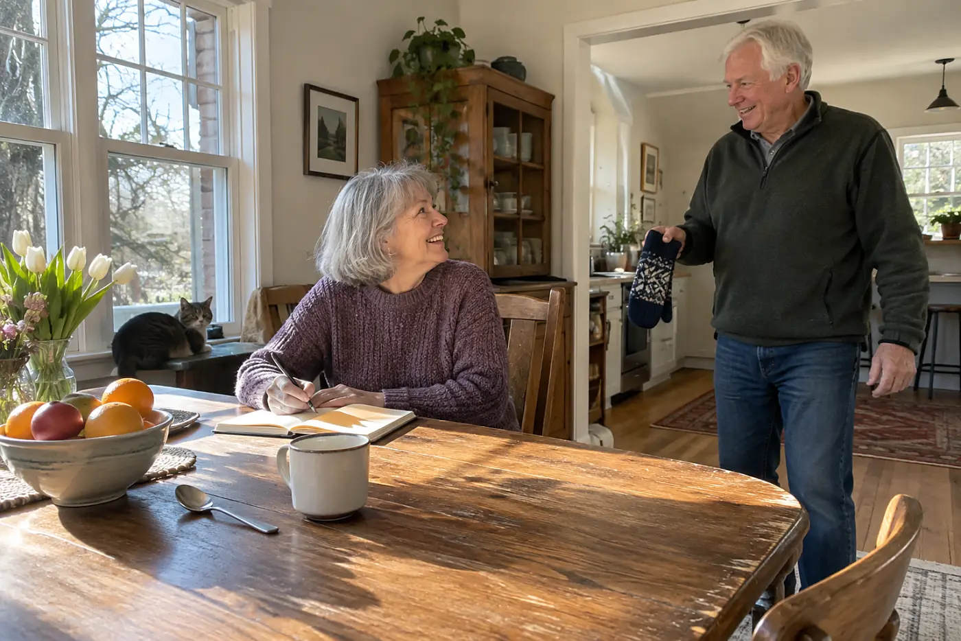 Older woman writing in a notebook after a child’s visit at her dining table.