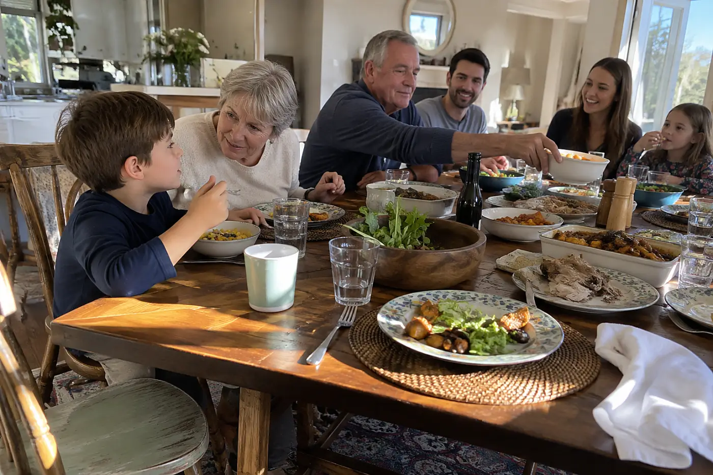 Older woman listening to a child at a crowded dinner table.