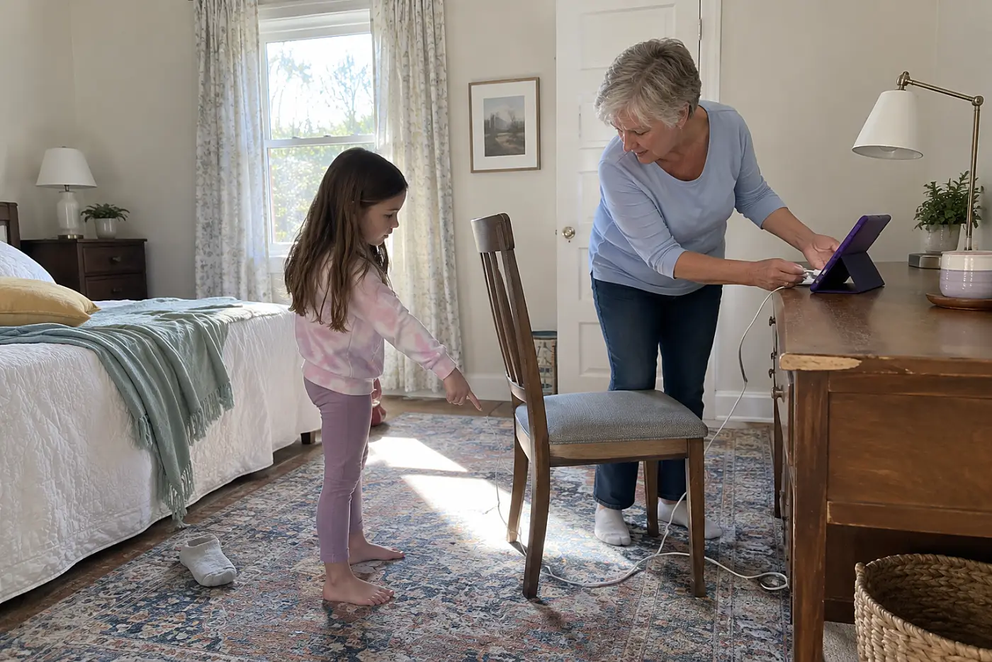Older woman fitting a charger into a child’s tablet at a guest room desk.