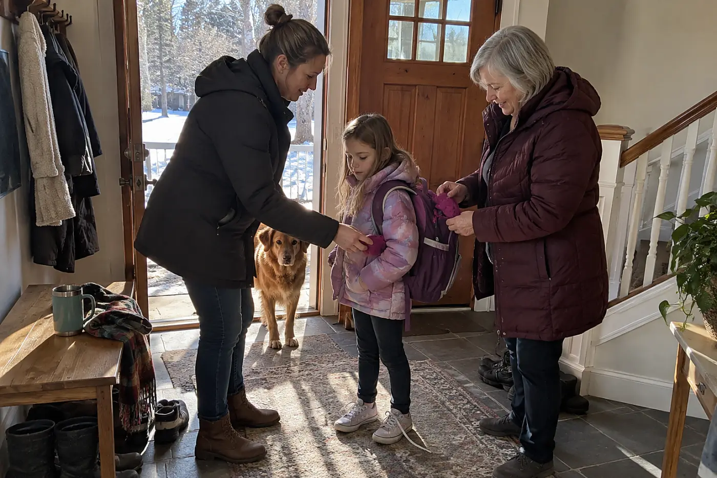 Parent and grandmother checking a child’s packed backpack by the front door.