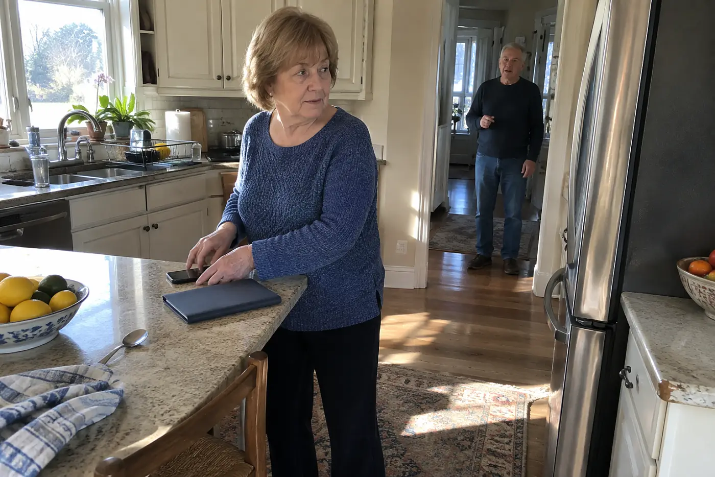 Older woman checking her phone’s call settings beside a refrigerator contact list.