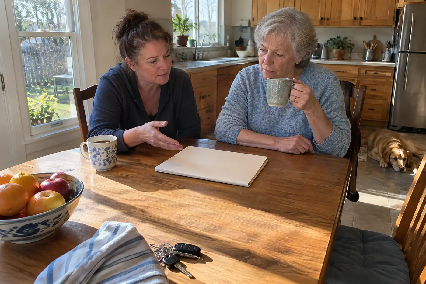 Mother and grandmother reading a school contact form together at a kitchen table.
