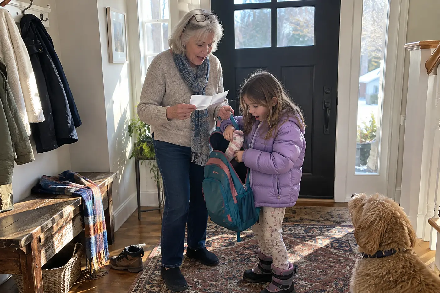 Older woman pulling a birthday invitation from a child’s school bag.
