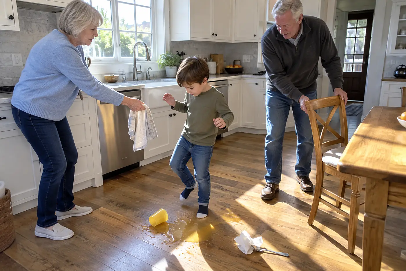 Older woman handing a child a towel beside spilled juice on a kitchen floor.