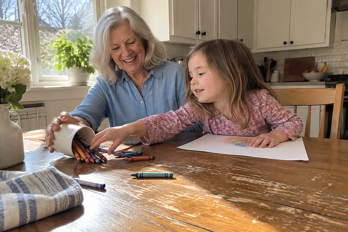 Older woman sitting beside a child drawing at a kitchen table.
