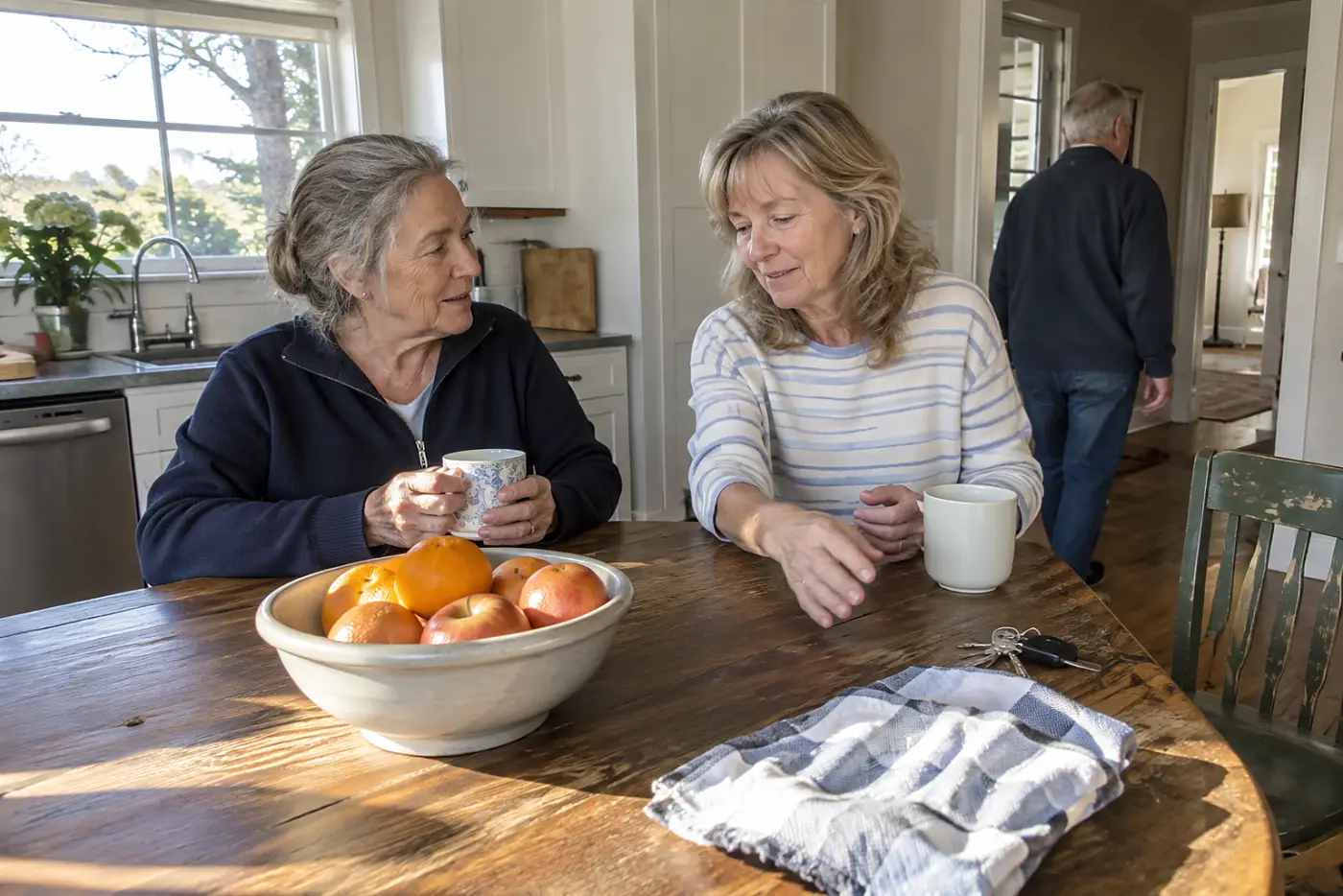 Older woman speaking privately with a parent at a kitchen table.