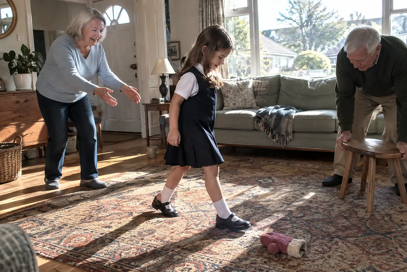 Older woman watching a child walk across a living room in school shoes.