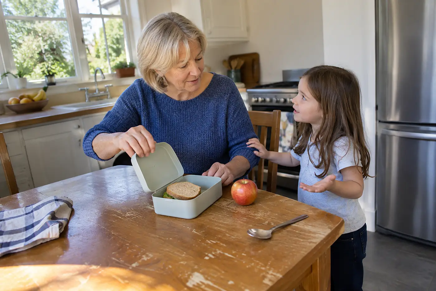 Older woman opening a child’s lunchbox beside an untouched apple at home.