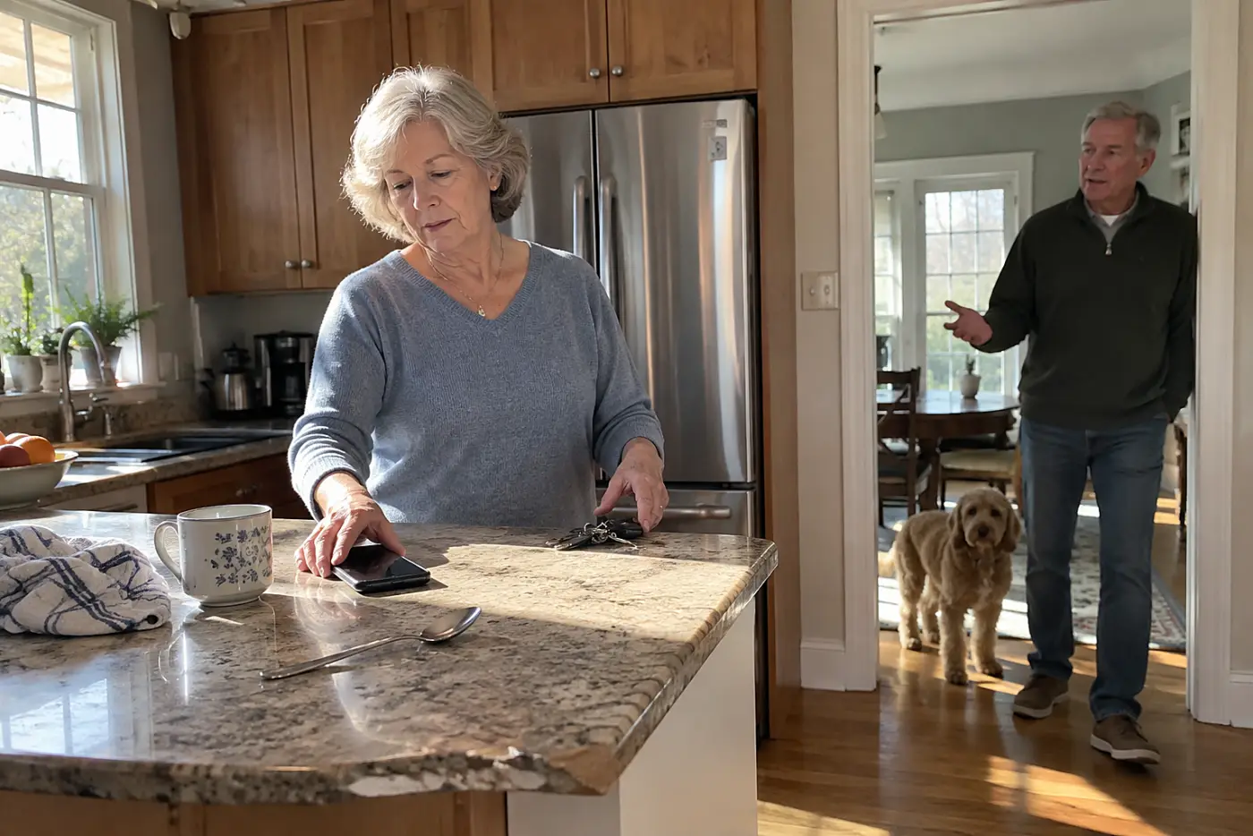 Older woman checking a pickup time on her phone at a kitchen counter.