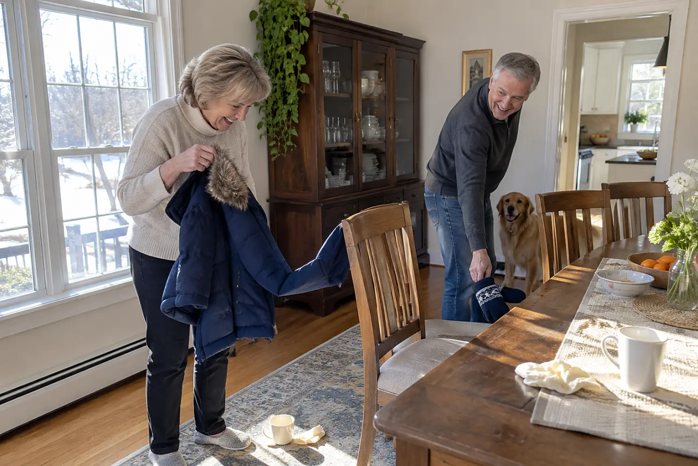 Older woman lifting a child’s coat from a dining chair after a family visit.