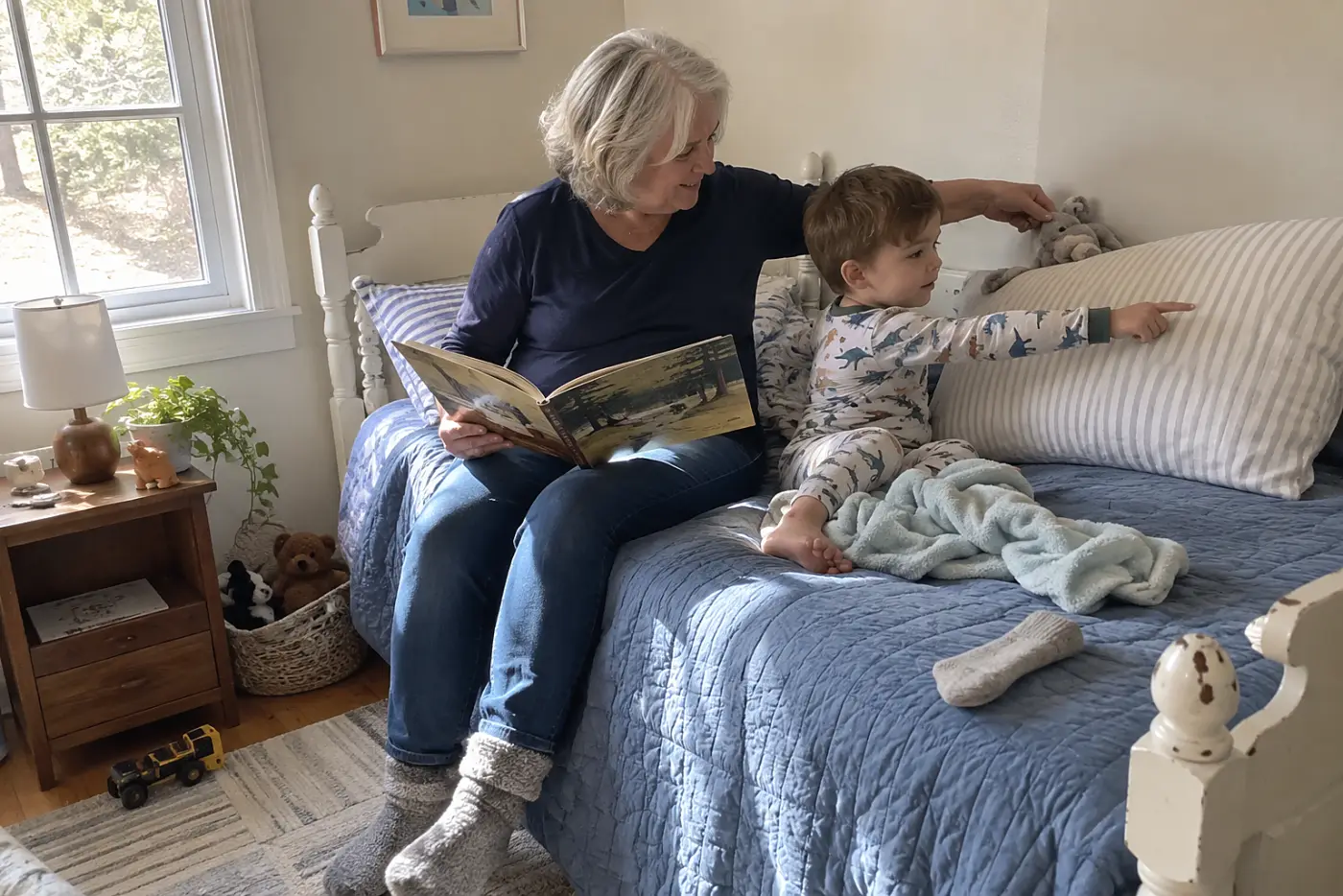 Older woman holding an open picture book beside a child’s bed.