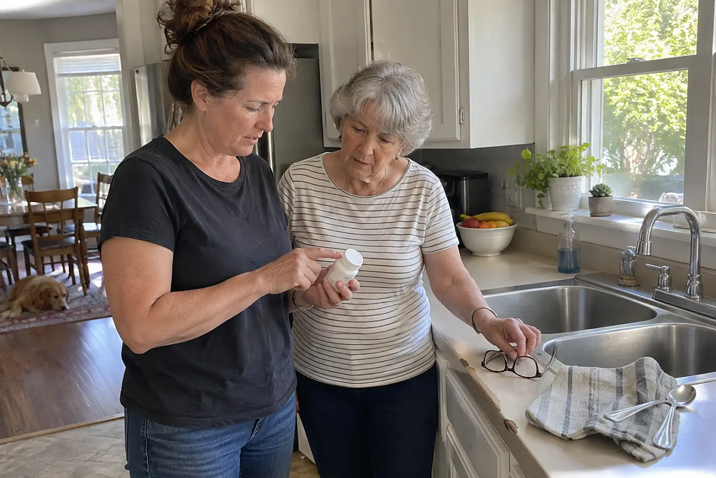 Parent and grandmother checking a medicine bottle beside a kitchen sink.