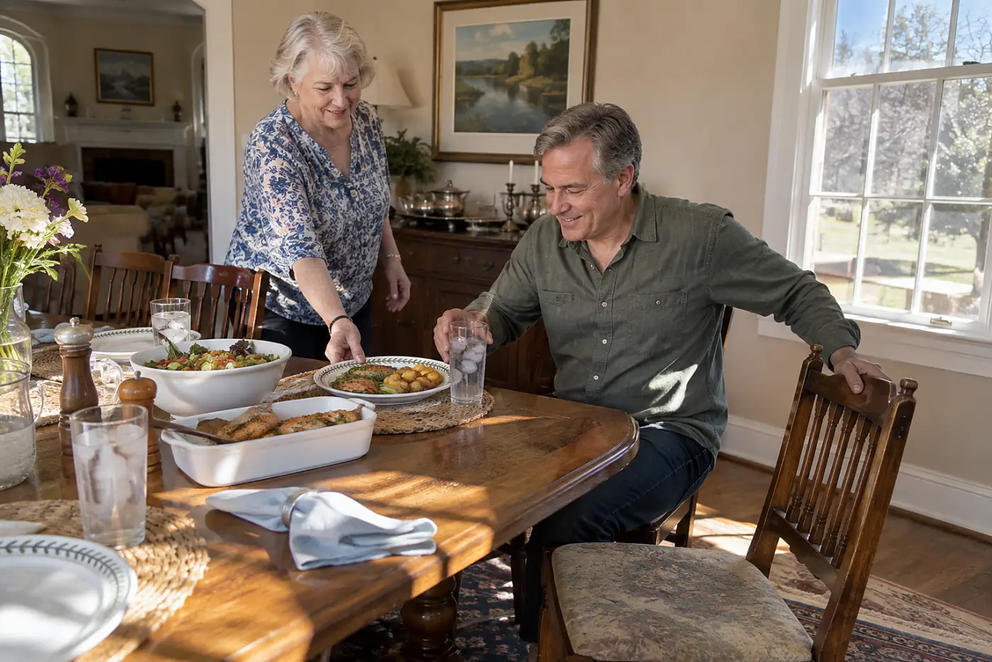 Older woman setting a dinner plate before her adult son at the table.