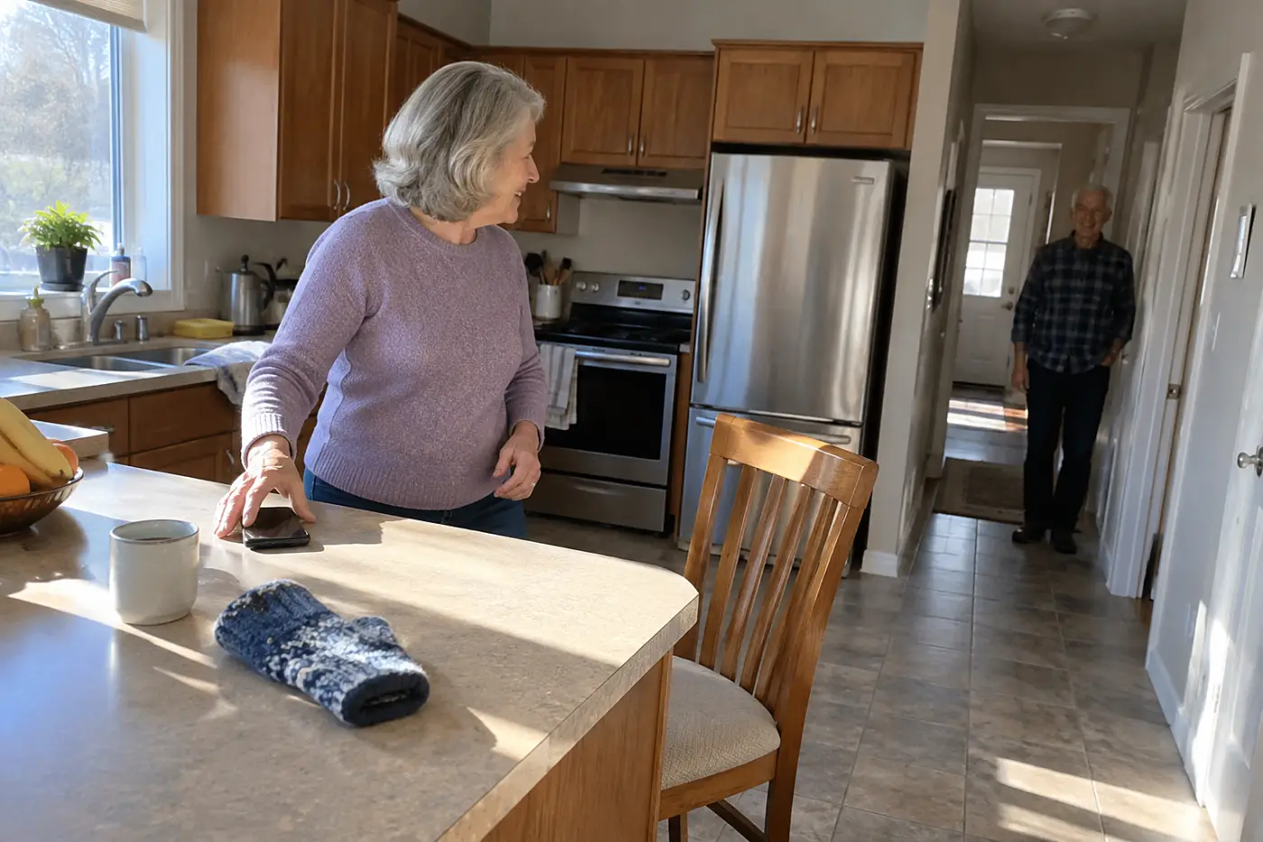 Older woman sending a message from her kitchen after a family pickup.