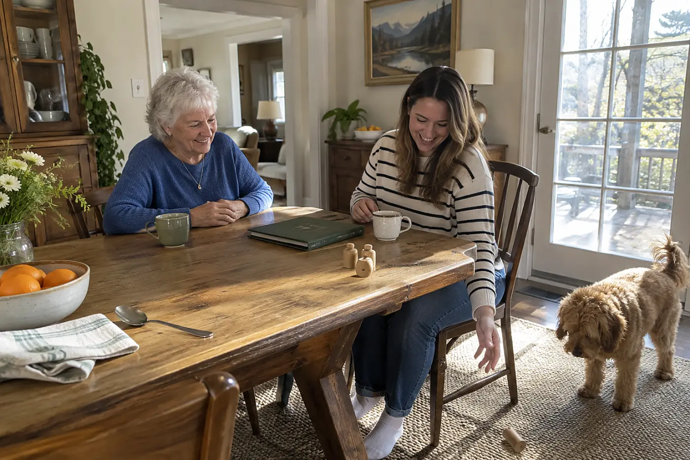 Grandmother and a parent reviewing a travel plan at a dining table.