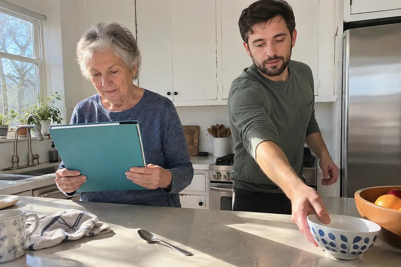 Grandmother reading a child’s allergy instructions at a kitchen counter.