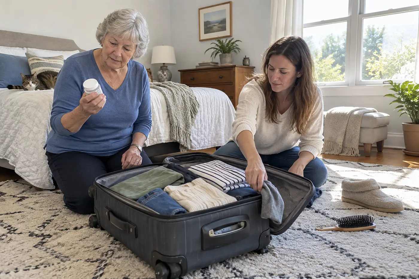 Grandmother checking a prescription label beside an open suitcase.
