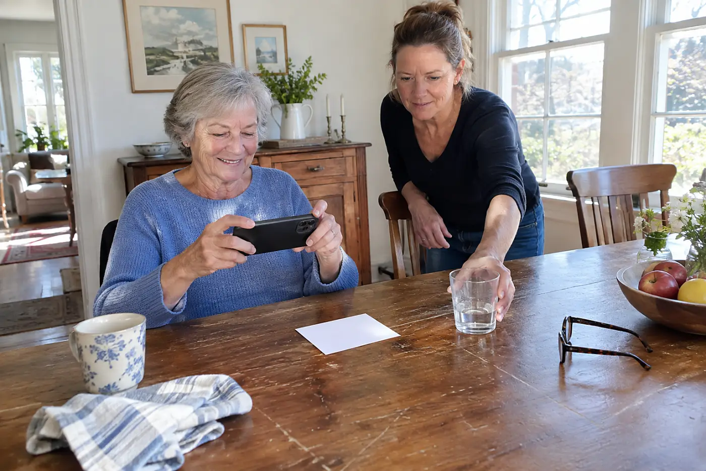 Grandmother saving a photo of an insurance card at her dining table.
