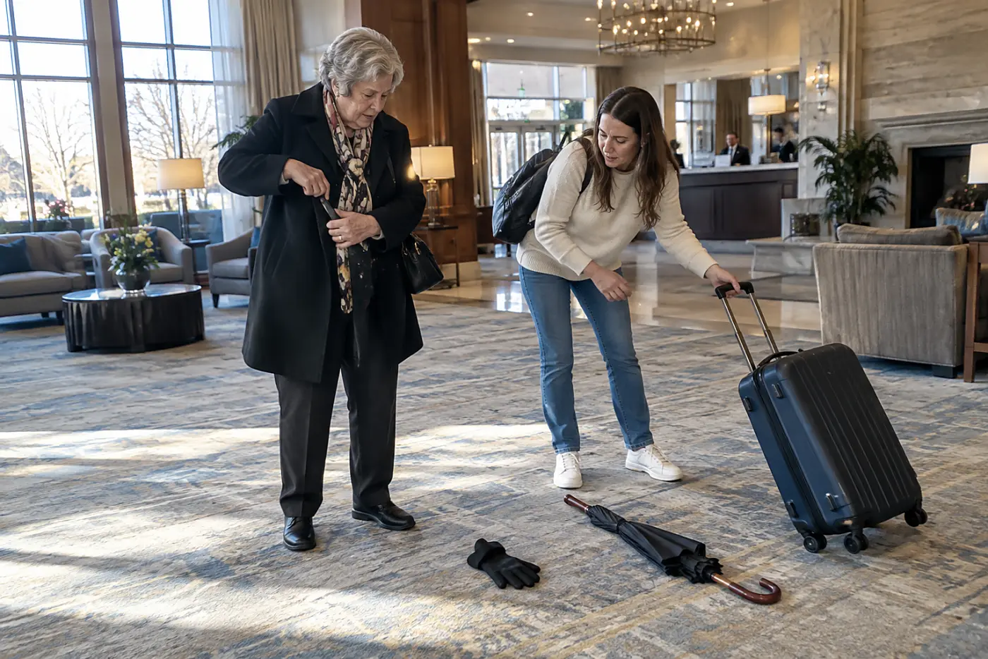 Grandmother opening a saved ticket on her phone in a hotel lobby.
