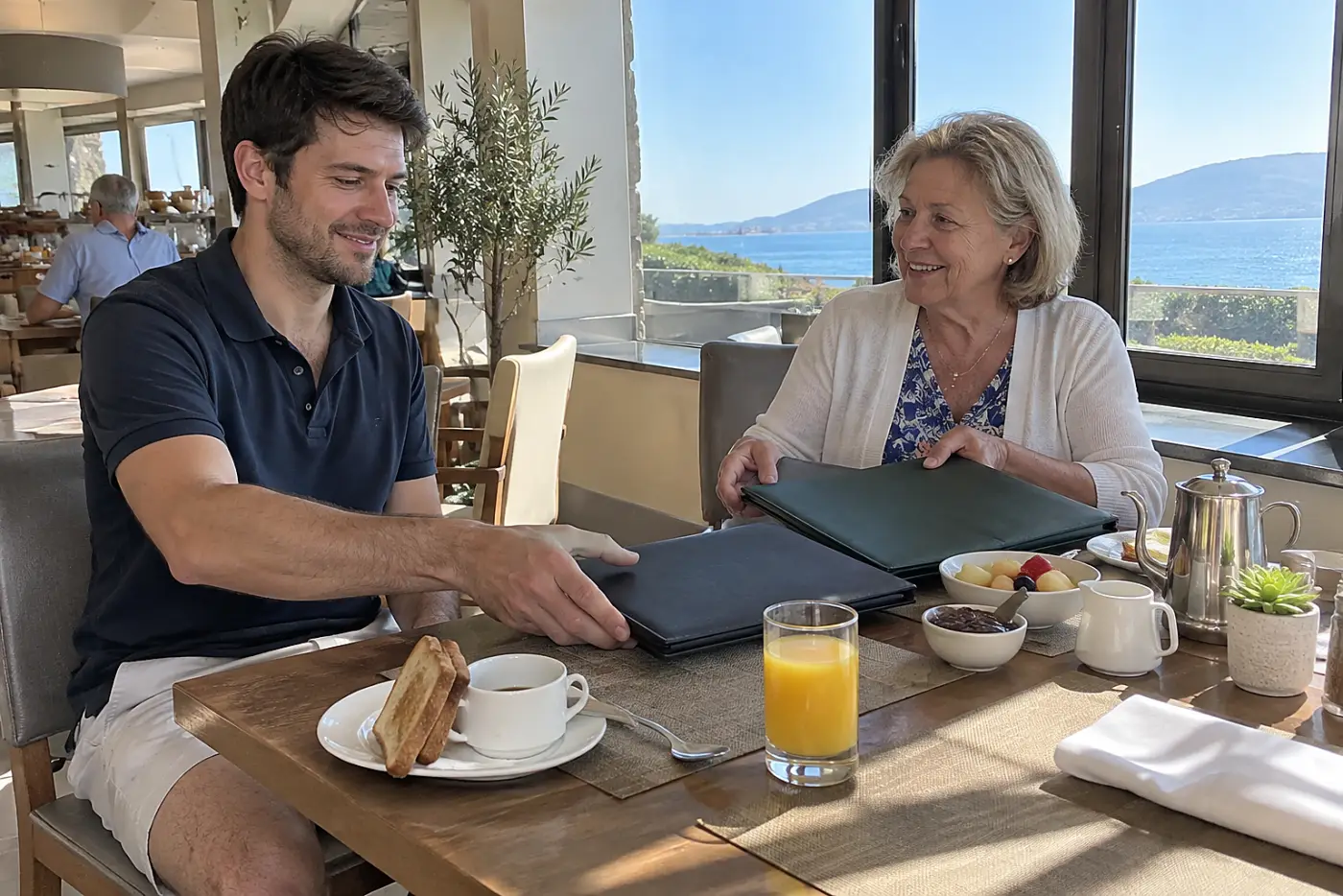 Grandmother showing two attraction brochures to her grandson at breakfast.