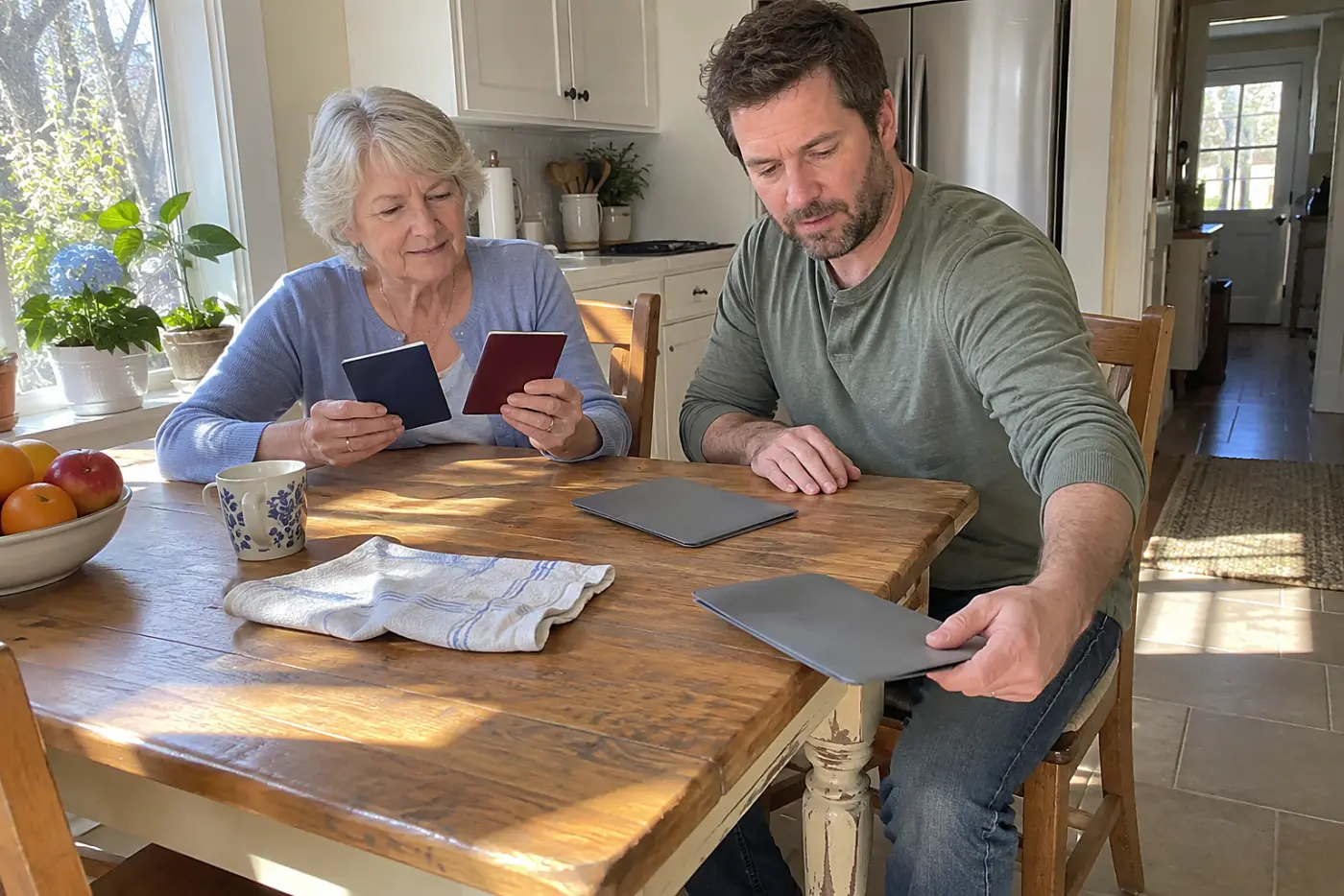 Grandmother comparing passports with flight reservations at a kitchen table.
