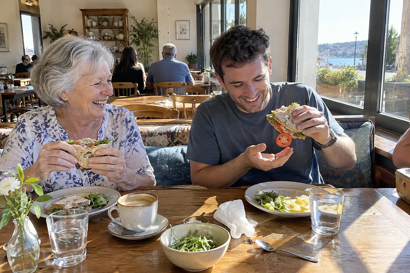 Grandmother and grandson eating sandwiches at a café near their hotel.
