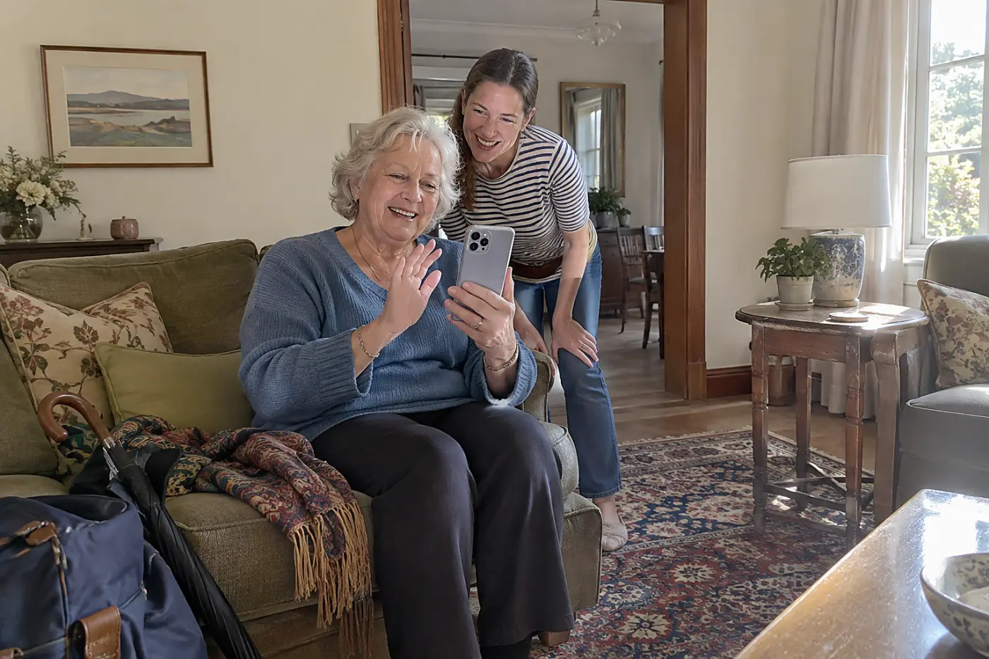 Grandmother testing a video call from her living room before a trip.