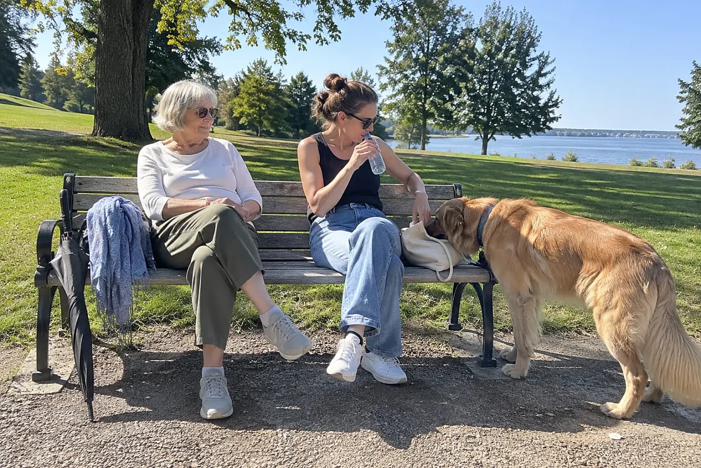 Grandmother resting on a park bench while her granddaughter drinks water.