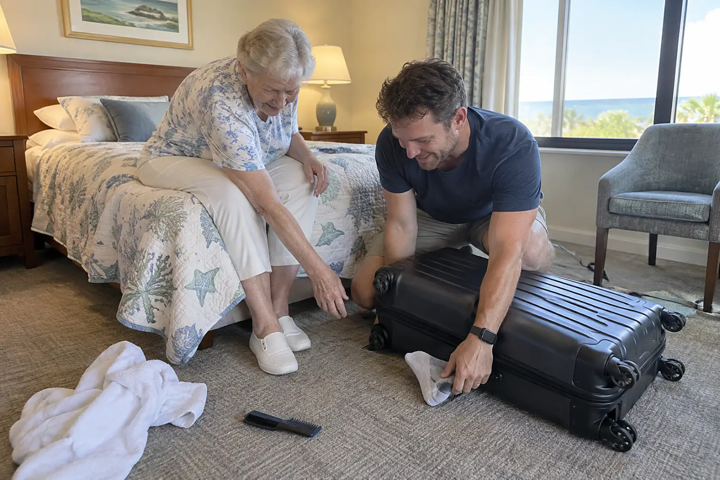 Grandmother sitting beside her grandson on a hotel bed.