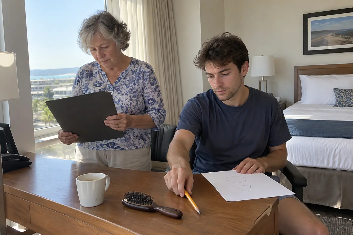 Grandmother reading beside her grandson while he draws at a hotel desk.