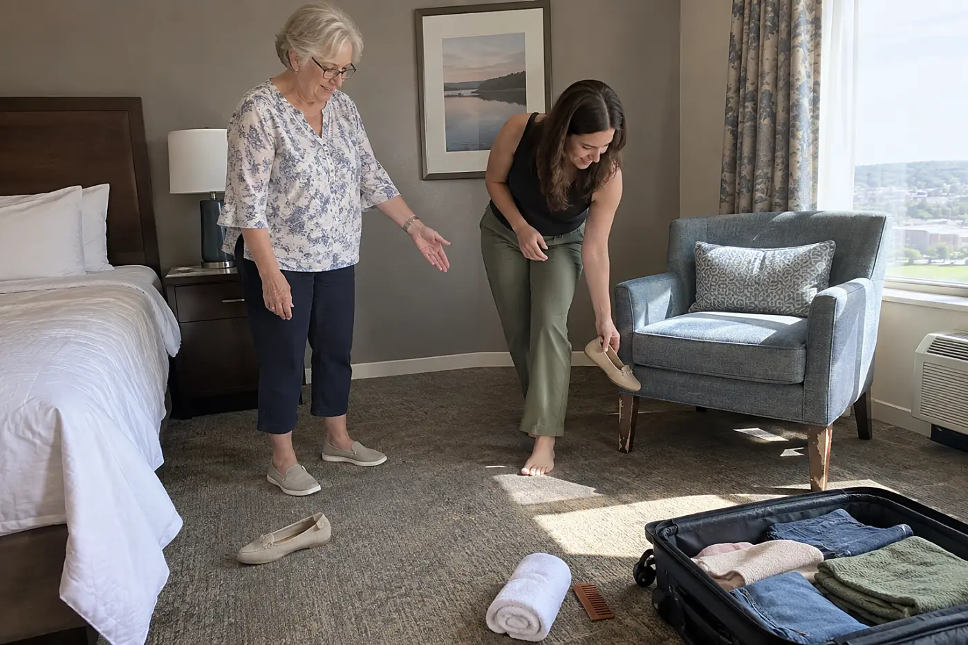 Grandmother showing her granddaughter where to put shoes in a hotel room.