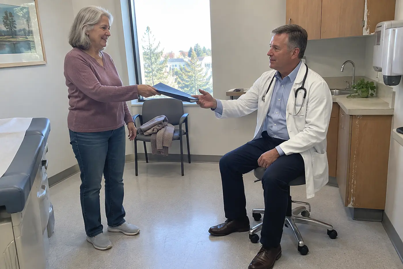 Older woman handing a symptom timeline to a clinician in an exam room.