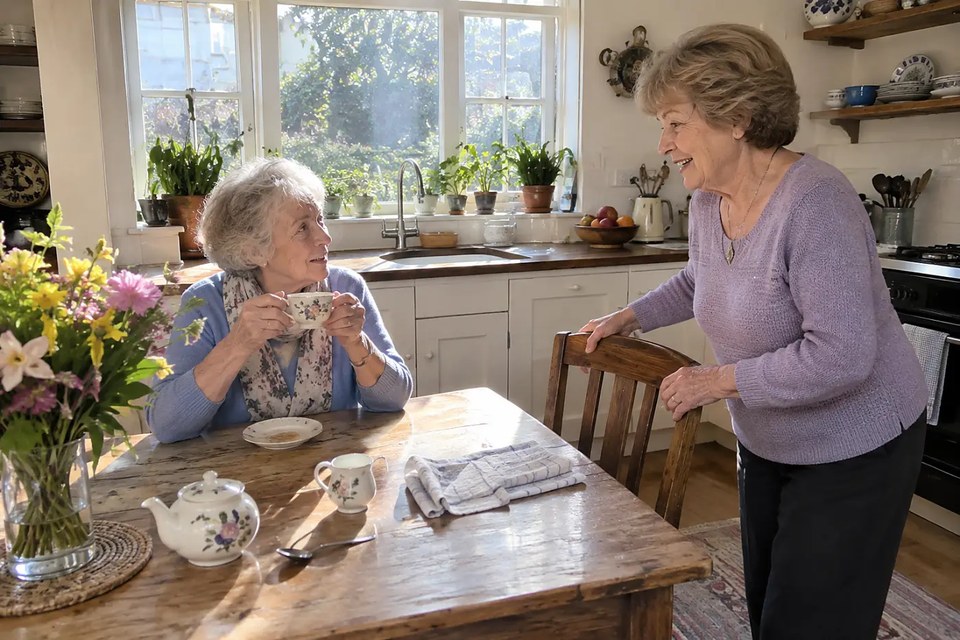 Older woman holding a teacup with both hands at her kitchen table.